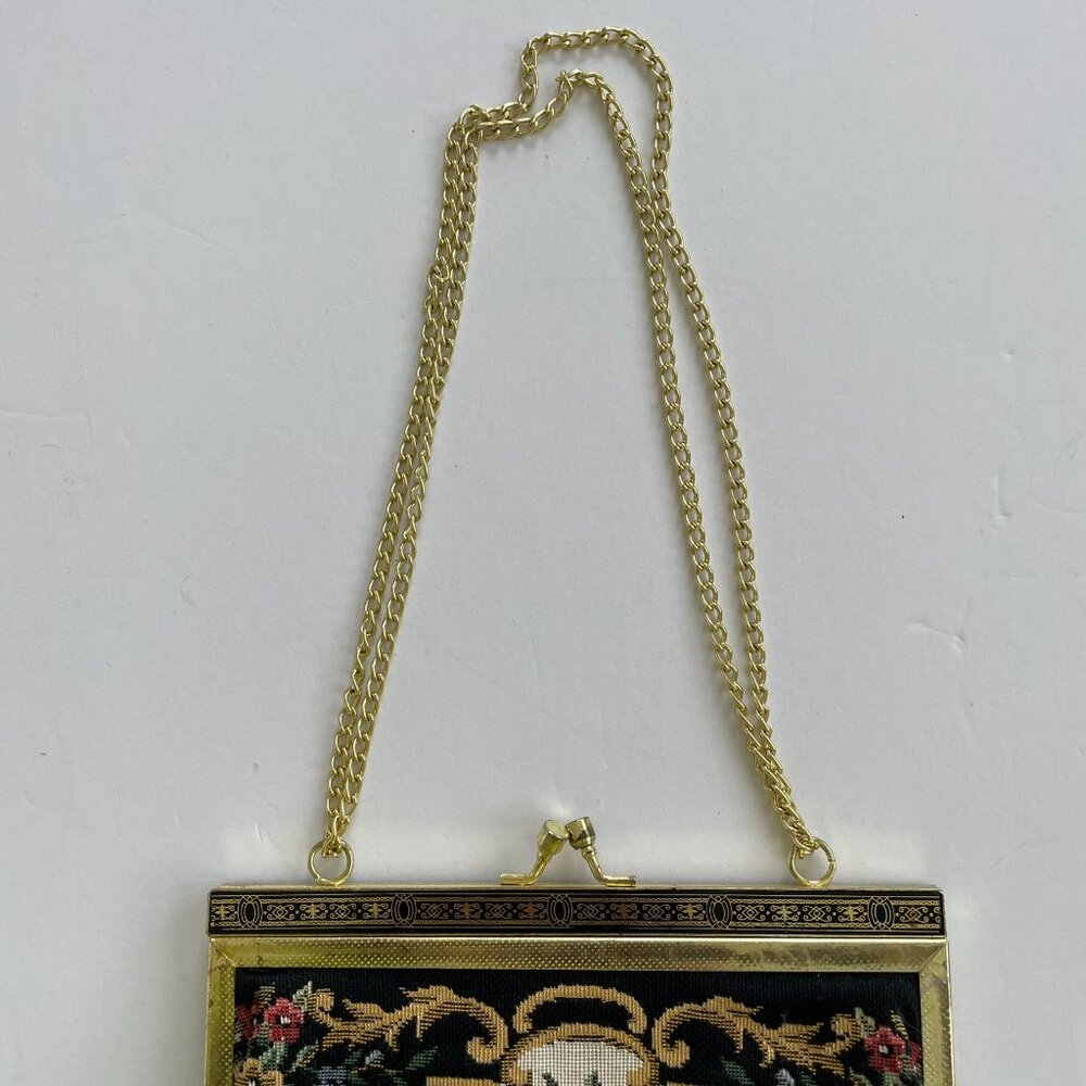 Vintage Needlepoint Bag with adjustable length chain Black with Floral Design - Picture 4 of 7